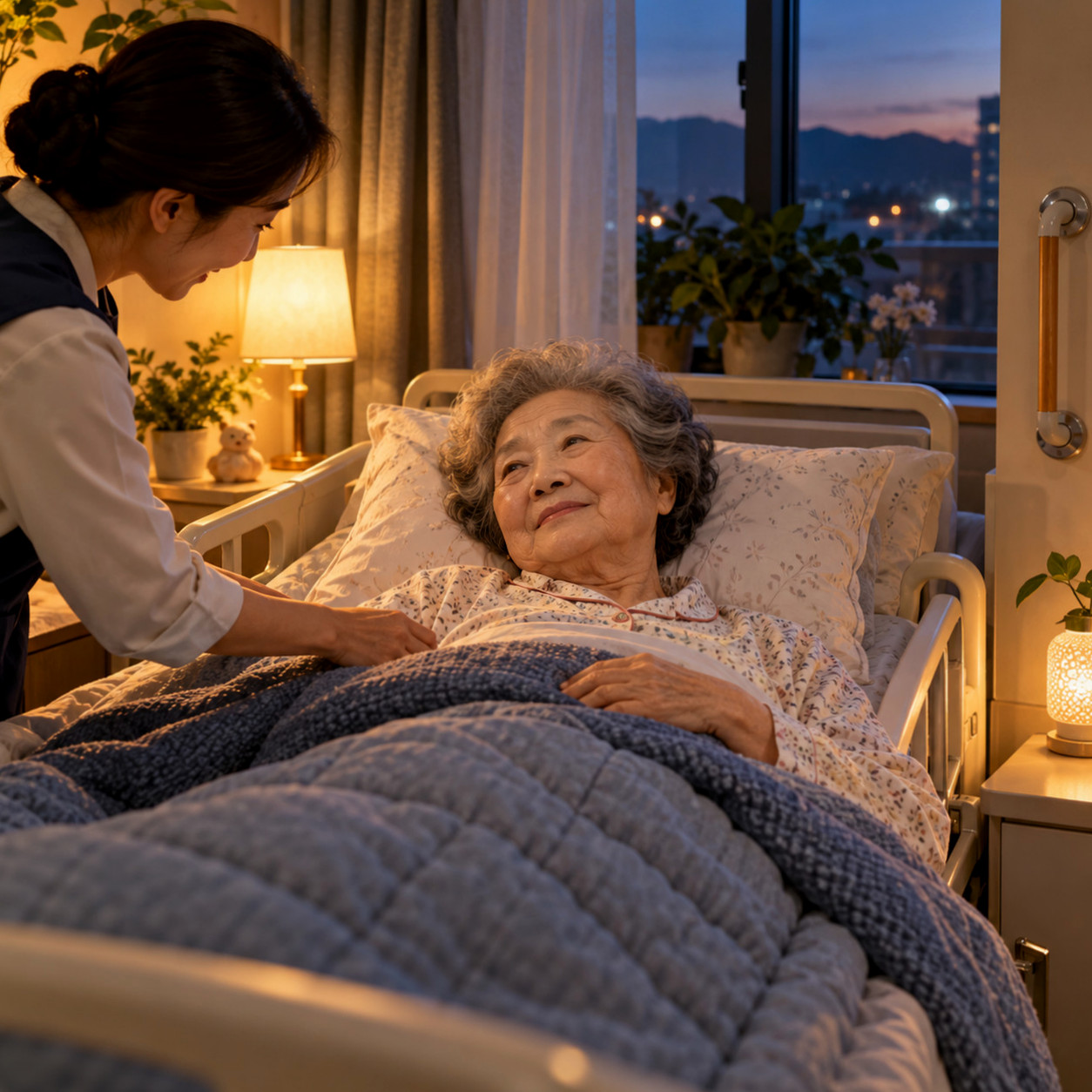 A caregiver tidies up the bedding of an elderly person sleeping in a room at a regular day and night care center, checking on their safety during the night.