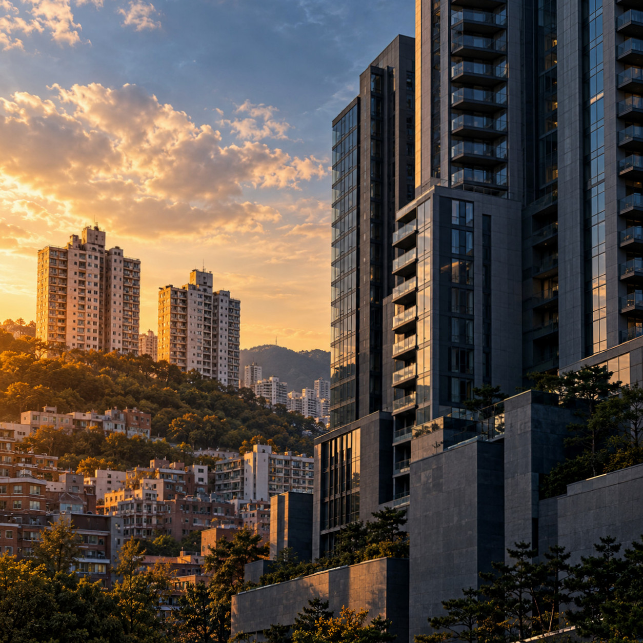 서울 아파트 단지 전경 위로 강남은 보합이고 금천·도봉 등 외곽은 오르는 지역별 집값 흐름을 표현한 썸네일