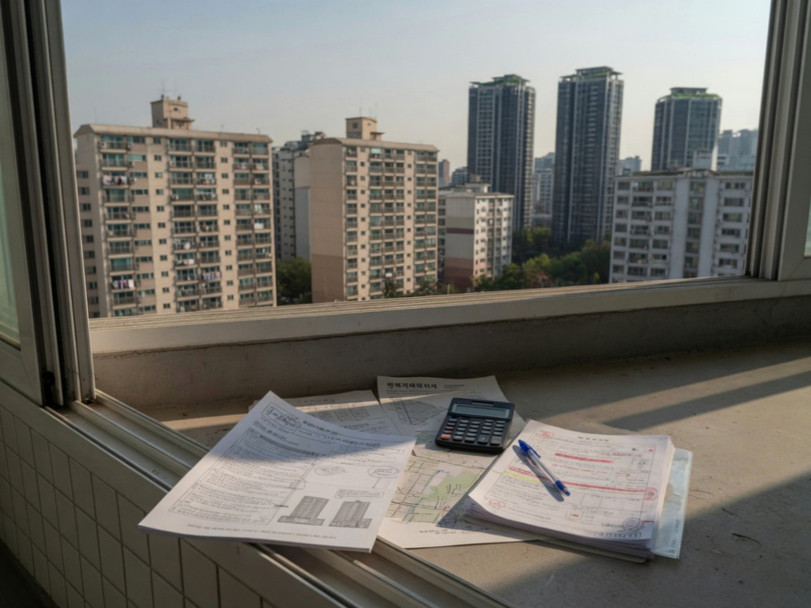 An image showing a flattened upward graph superimposed over a panoramic view of a Seoul apartment complex, indicating a market consolidation phase where the rate of increase has slowed due to reduced trading.