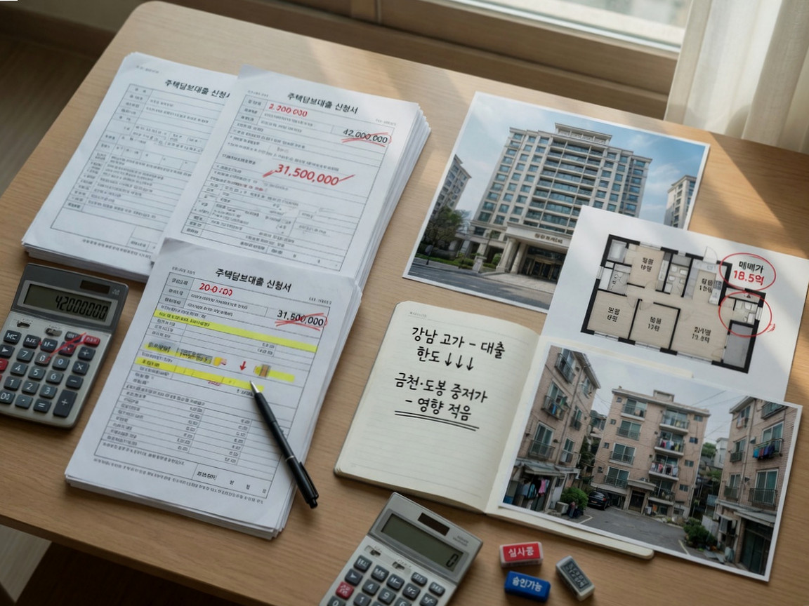An image illustrating, using a calculator and loan documents, the situation where the burden of purchasing high-priced homes has increased due to reduced mortgage limits resulting from the tightening of the Stress DSR.