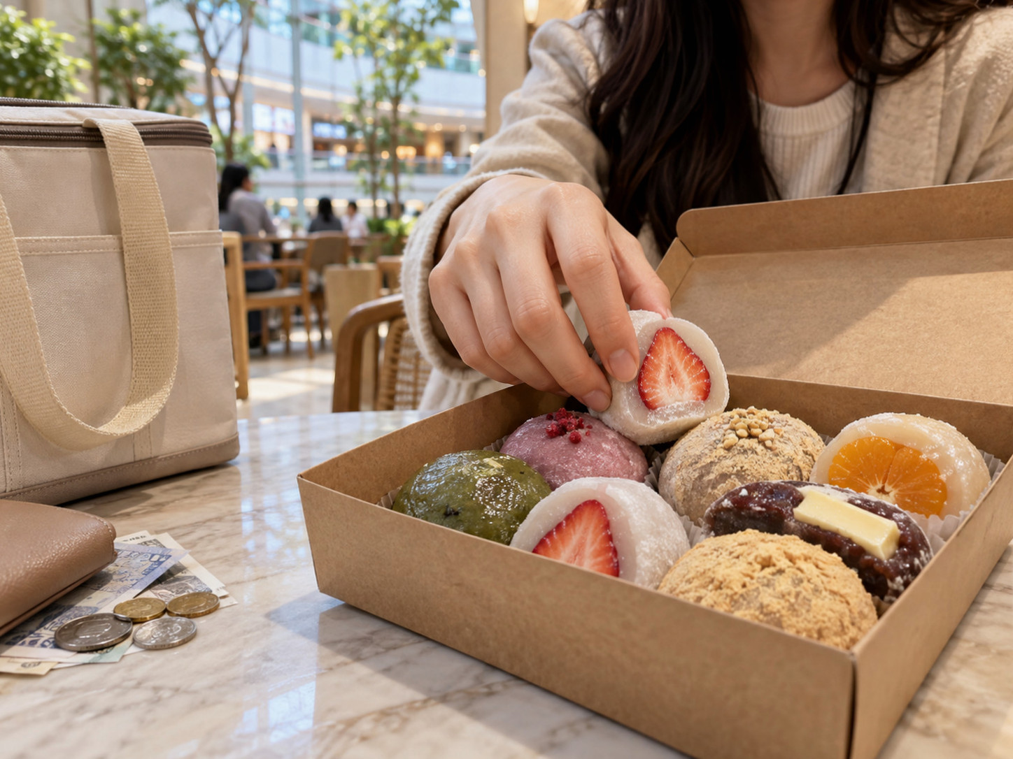A package containing various flavors of limited edition fruit glutinous rice cakes, red bean paste butter bread, and a 1,500 won cooler bag.