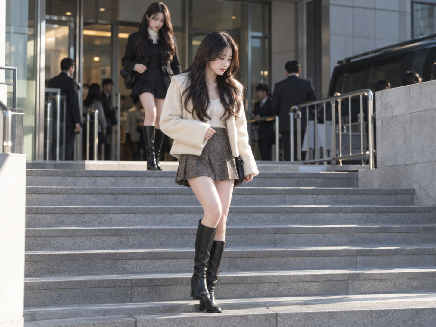 계단 아래로 이동해 다시 포즈를 취하는 아이찡의 모습에 다양한 해석이 붙었다