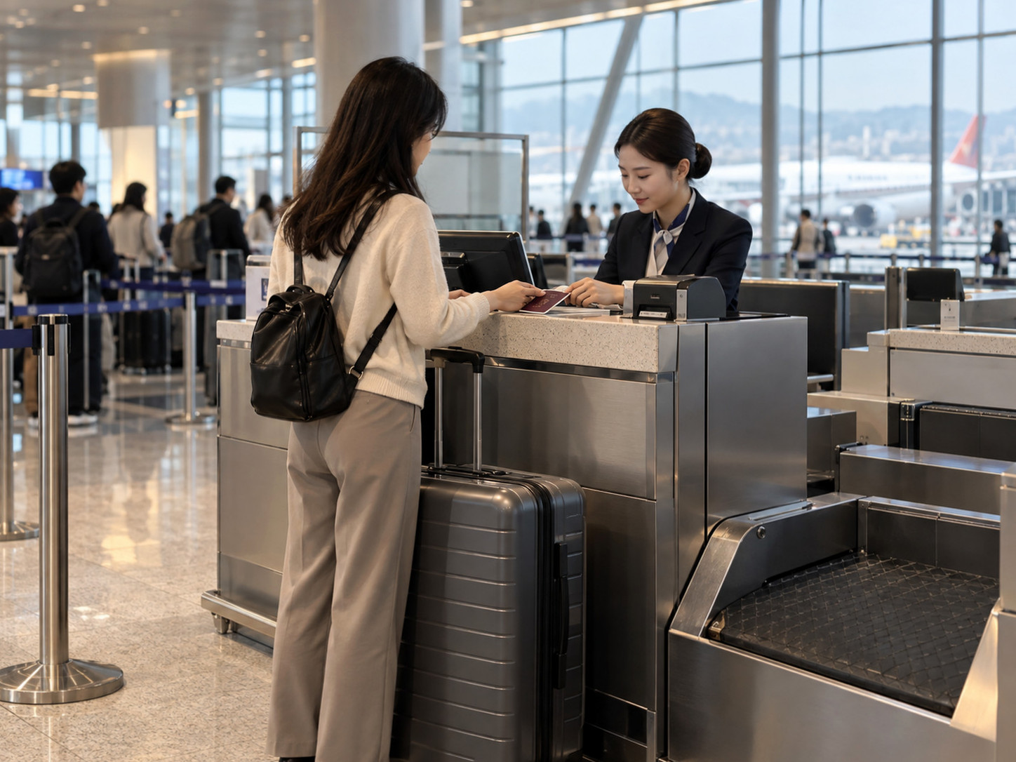 China Eastern Airlines check-in process at Counter H in Terminal 1 of Incheon Airport.