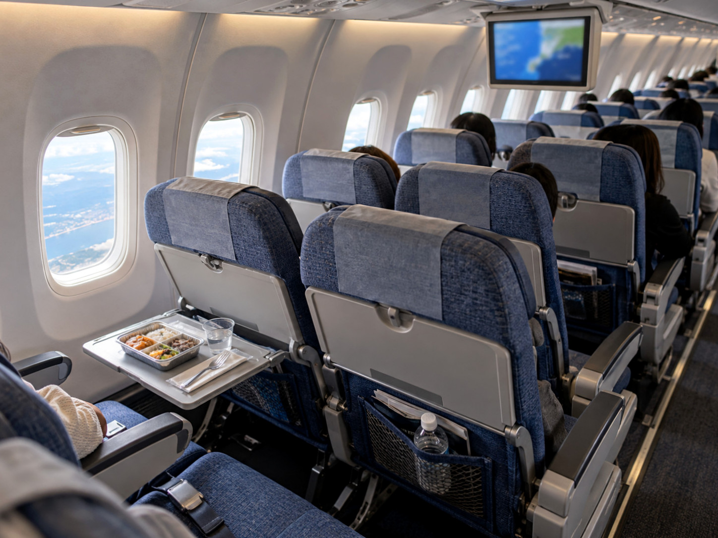 A view of the China Eastern Airlines cabin featuring compact seats and shared monitors.