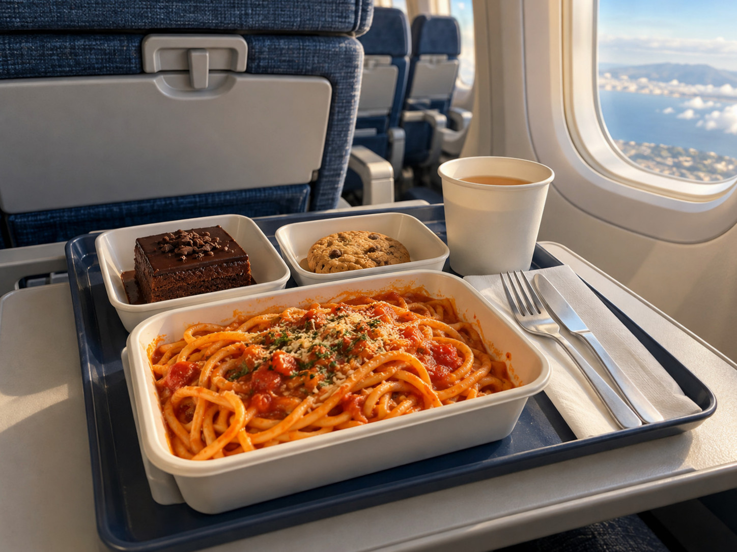 China Eastern Airlines in-flight meal tray consisting of tomato spaghetti and chocolate cake