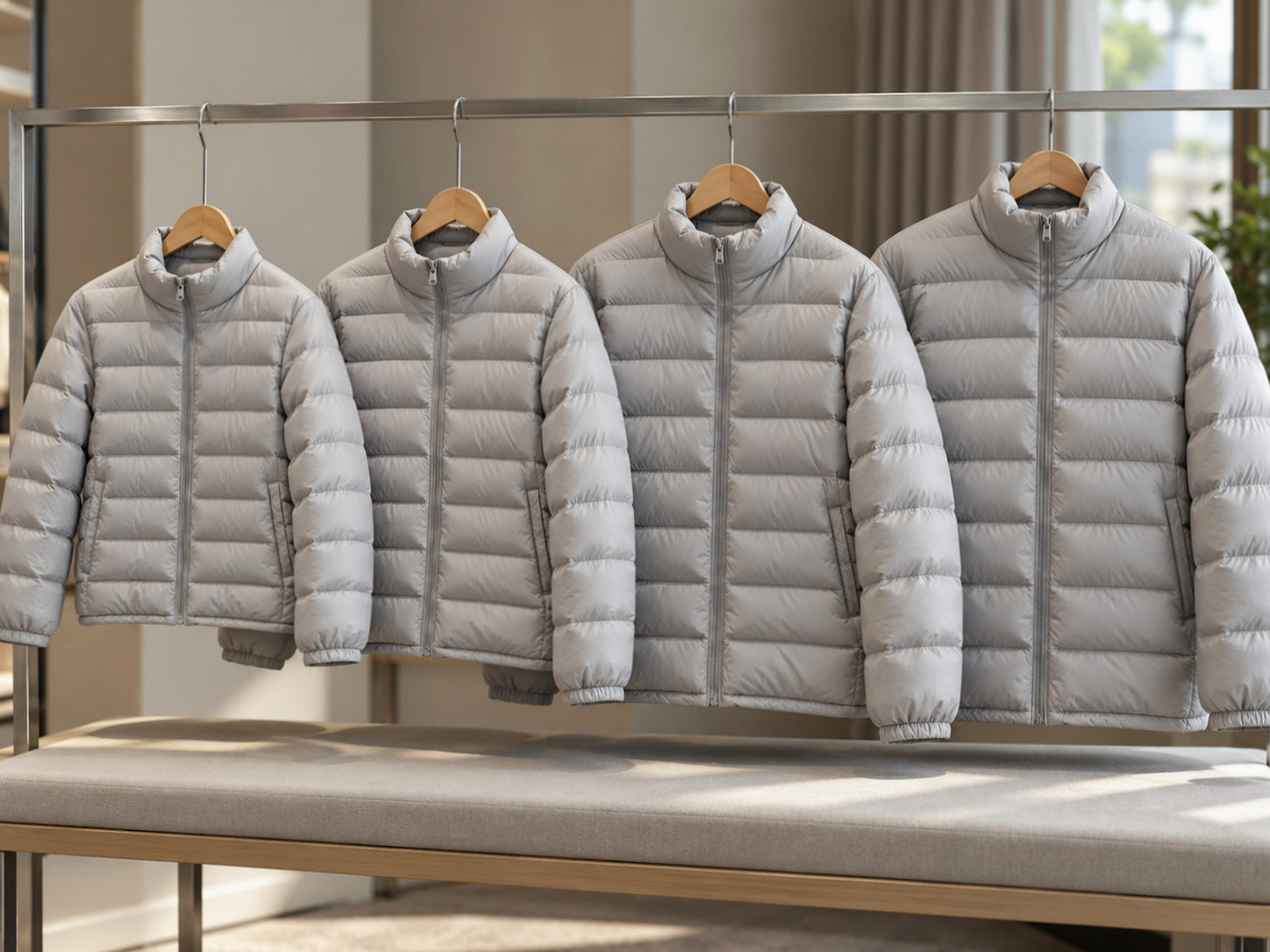 S, M, L, XL 사이즈별 잔스포츠 경량 패딩을 나란히 놓고 핏 차이를 비교하는 모습