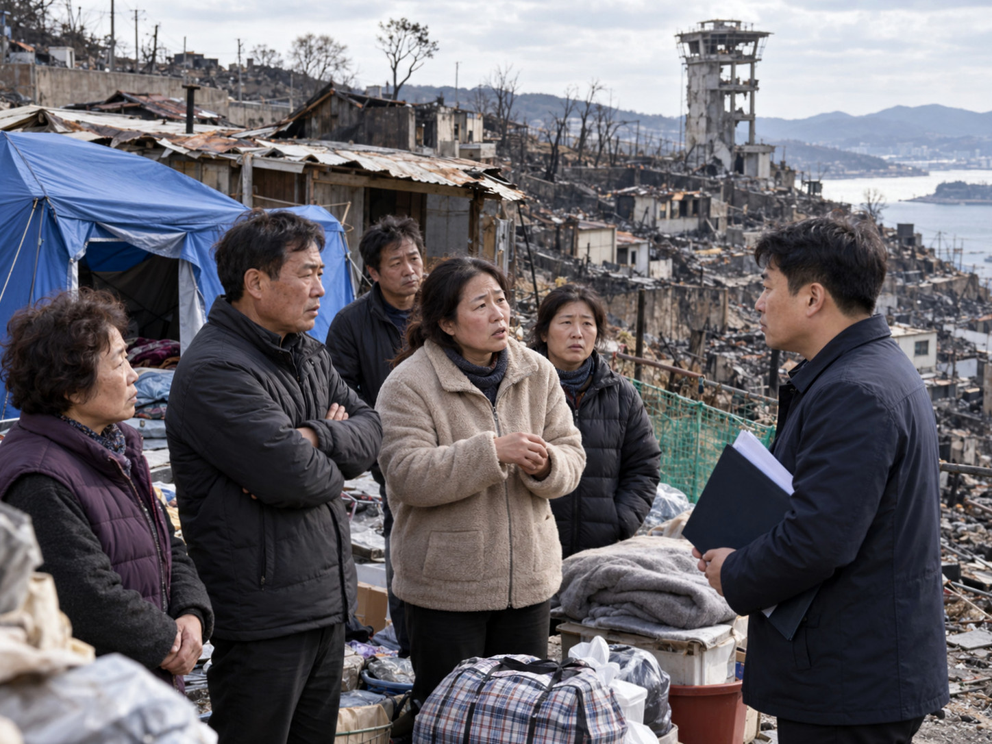 九龙村的村民们在临时公共住房的帐篷和告示牌前交谈。