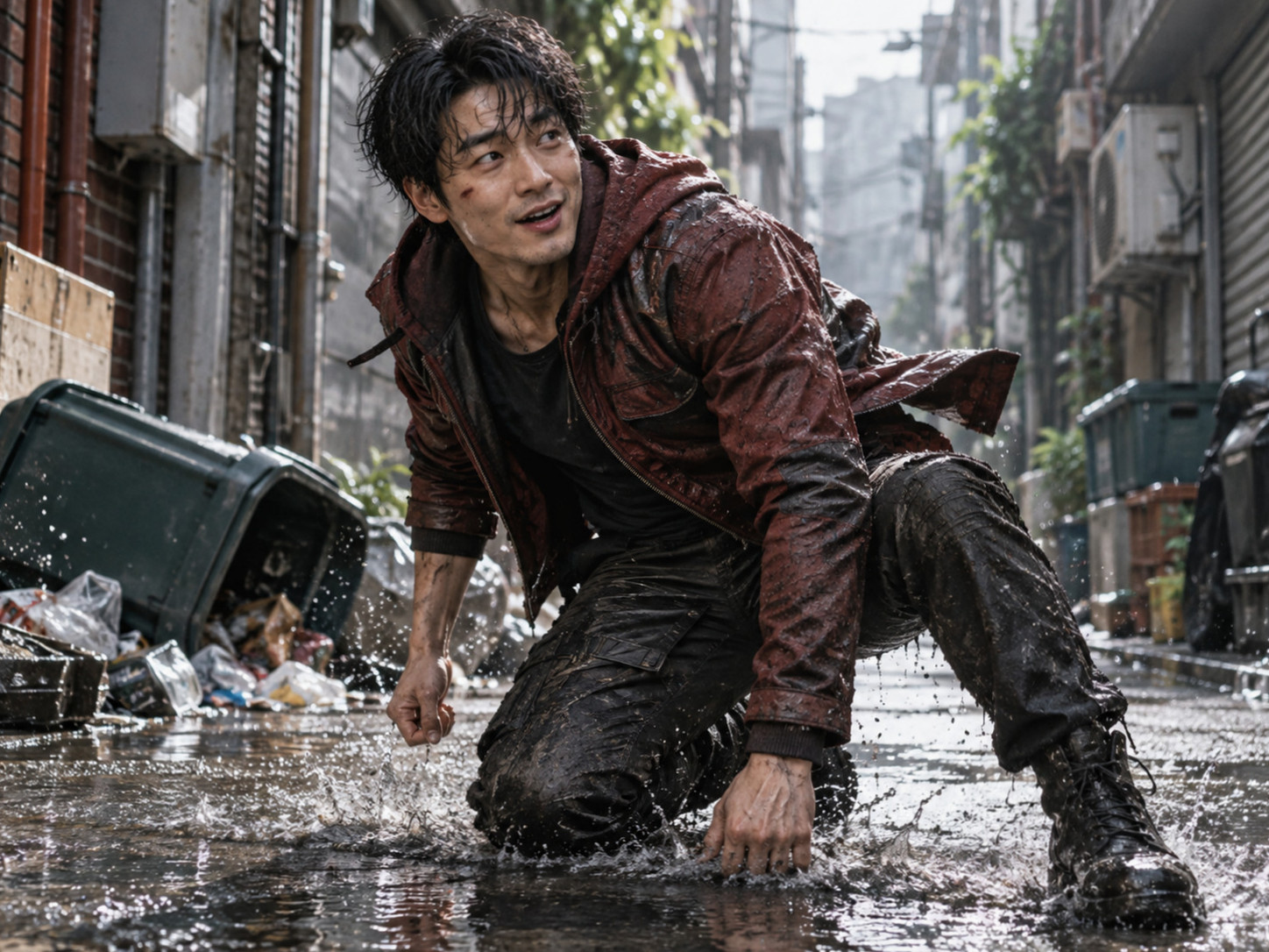 A scene directed by the director of *Resurrection Man: The Red*, showcasing a directorial direction that mixes action and humor.