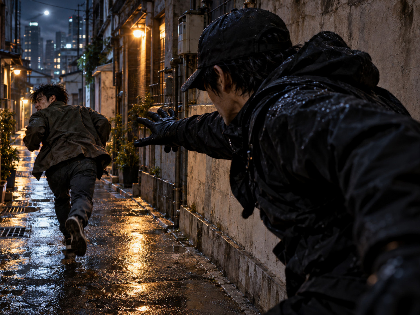 A scene showing a tense confrontation with Black, the character pursuing Seok-hwan.