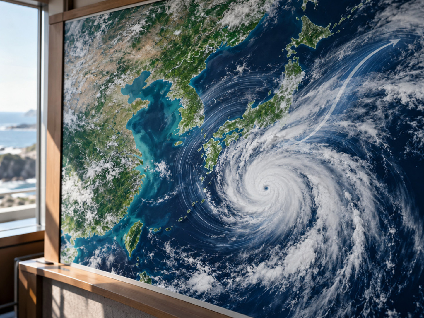 Map showing the typhoon path bypassing the Korean Peninsula and the widening radius of strong winds