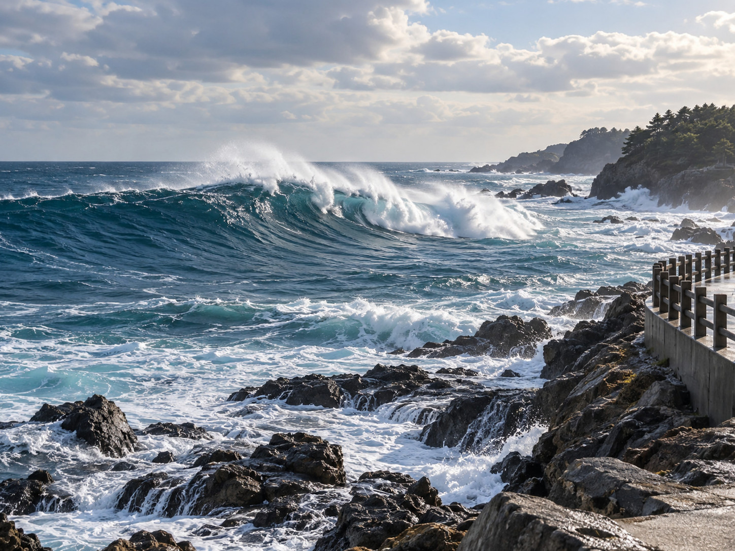 A photograph showing the swell waves crashing into Jeju Island and the coastal conditions along the East Coast.